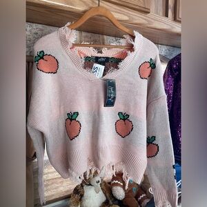 Trendy Peach Motif V-Neck Sweater